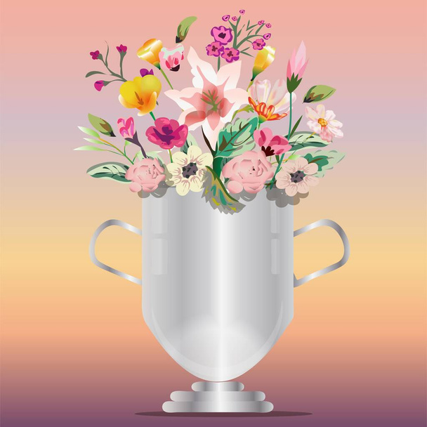 Disposizione floreale in vaso di vetro argentato per auguri, biglietti e inviti
 - Vettoriali, immagini