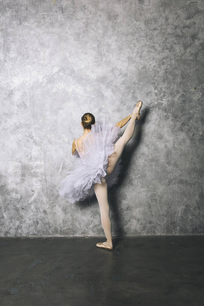 Pretty young ballerina dancer dancing classical ballet against old rustic wall - Photo, image