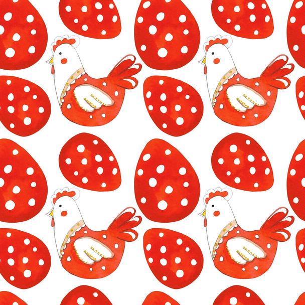 Velikonoční vzor. Bezešvé vzor s červenými kuřaty a vejce izolované na bílém pozadí. Vzor pro blahopřání, balicí papír, designové deníky, tkaniny a tapety. - Fotografie, Obrázek