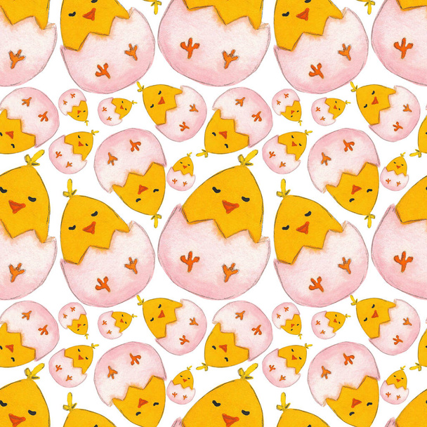 Easter seamless pattern with yellow and pink feathers and chicks isolated on white background. Design for greeting cards, wrapping paper, design diaries, fabrics and wallpapers. - Photo, Image