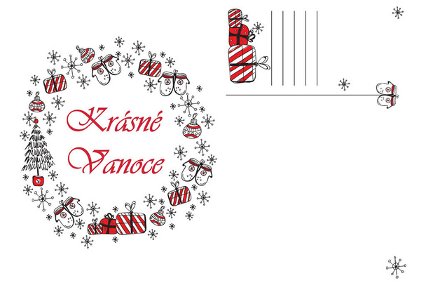 Vrolijk kerstfeest en Gelukkig Nieuwjaar doodle illustratie wenskaart met rode en zwarte kerst symbolen geïsoleerd op witte achtergrond. Kerst krans en kaart, schets tekening voor uw ontwerp - Foto, afbeelding