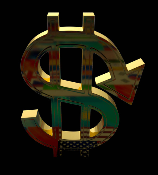 Dollar sign with a downward arrow. The collapse of the dollar. The world currency is the American dollar. 3D rendering, illustration isolated on black. - Photo, Image