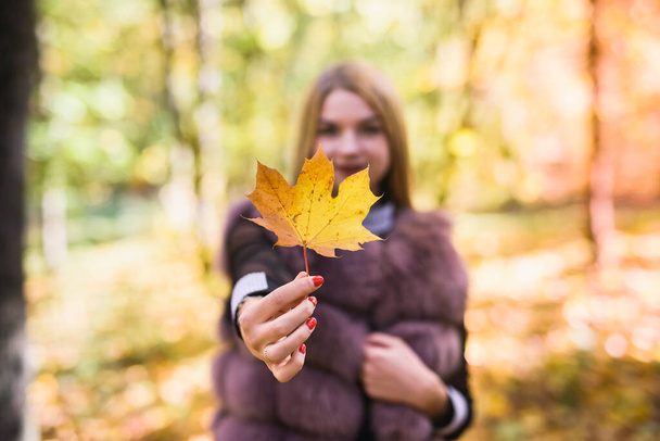 Moda kadını. Sonbahar parkında ağaçlar ve sarmaşıklarla poz veren kürklü kız. - Fotoğraf, Görsel
