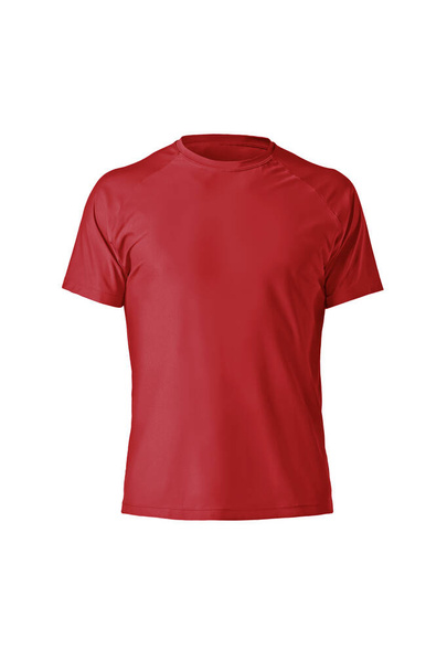 Червоні звичайні бавовняні футболки з простим рукавом ізольовані на білому тлі. Стильна кругла комірна сорочка. фотографія Ghost mannequin
 - Фото, зображення