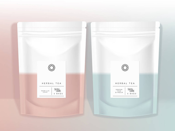 Векторна пастельна сумка для продукту Sachet у пастельному рожевому та синьому кольорах мінімальний макет дизайну для закуски Косметика Охорона здоров'я Солі для ванни Подарункова їжа Аксесуари
 - Вектор, зображення