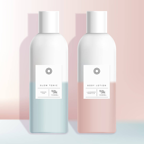 Vector Healthcare, Medical, Toiletries, Hair Care or Skincare Beauty Boston Bottle with Pastel Pink or Blue Gradient Minimal Design - Vector, Image