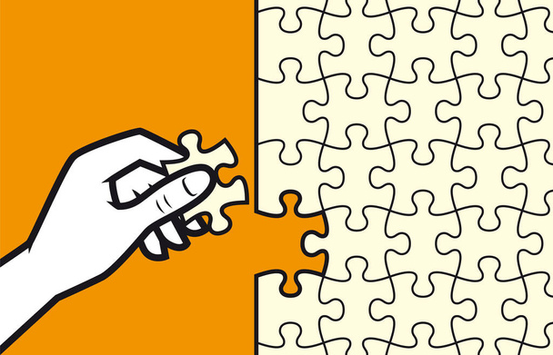 Hand hält letztes Puzzleteil auf orangefarbenem Hintergrund - Vektor, Bild