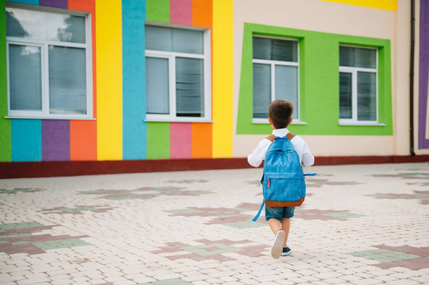 Küçük çocuk okula geri dönüyor. İlk okul gününde sırt çantası ve kitapları olan bir çocuk. Arkadan bak. Okul konsepti. Okula geri dön.. - Fotoğraf, Görsel