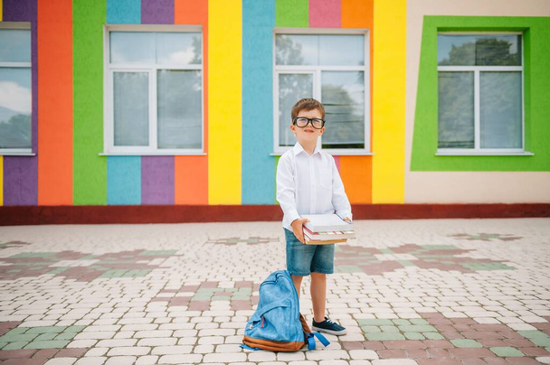Back to school. Happy smiling boy in glasses is going to school for the first time. Child with backpack and book outdoors. Beginning of lessons. First day of fall. - Foto, afbeelding