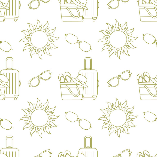 Vector travel seamless pattern Illustration with suitcase, beach bag, flip flops, sun, sun hat, sunglasses. Summer time, vacation, holiday, leisure background. Design wrapping, fabric, print - Vektor, Bild