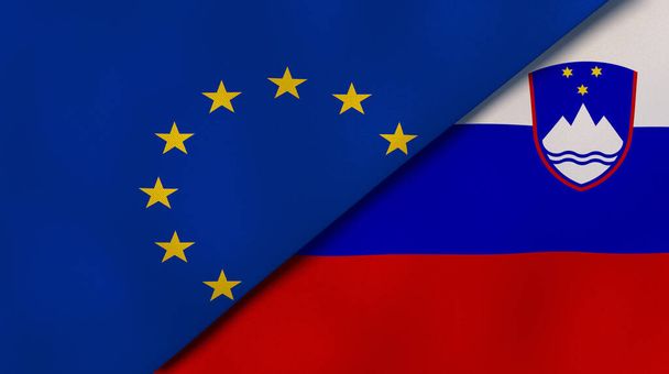 Dva státy vlajky Evropské unie a Slovinska. Vysoce kvalitní obchodní zázemí. 3D ilustrace - Fotografie, Obrázek