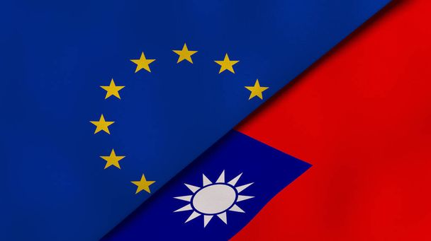 Twee vlaggen van de Europese Unie en Taiwan. Hoge kwaliteit zakelijke achtergrond. 3d illustratie - Foto, afbeelding