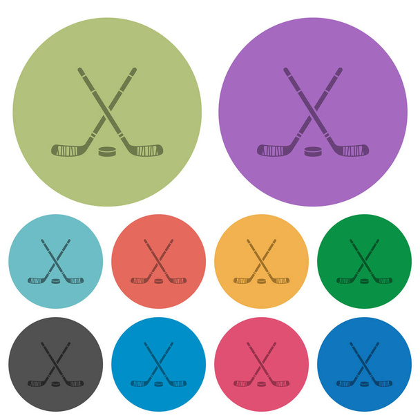 Palos de hockey con los iconos planos más oscuros del disco en el fondo redondo del color
 - Vector, imagen