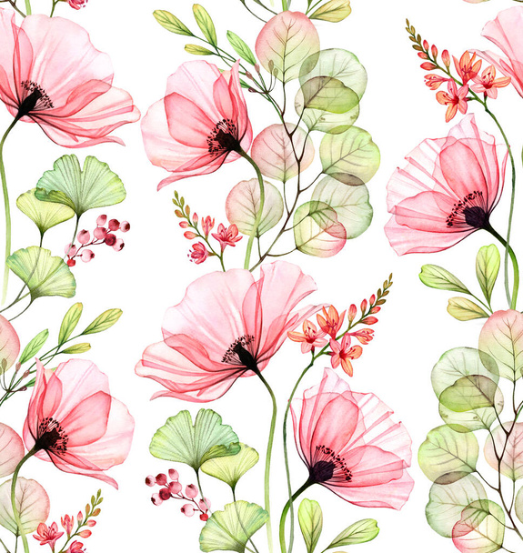 Watercolor seamless floral pattern. Abstract poppies, leaves and fresia plant. Isolated hand drawn background with colourful flowers for wallpaper design, textile, fabric - Foto, Imagem