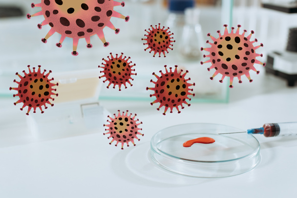 selective focus of syringe and petri dish with blood sample near white mouse in glass box, bacteria illustration - Photo, Image