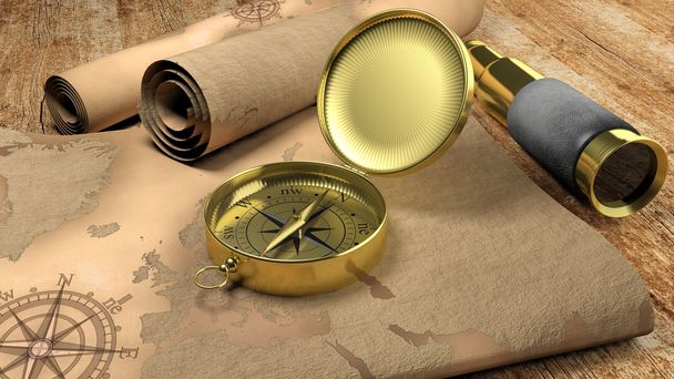 3D kompas s mapou a monokulární na dřevěný stůl - Fotografie, Obrázek