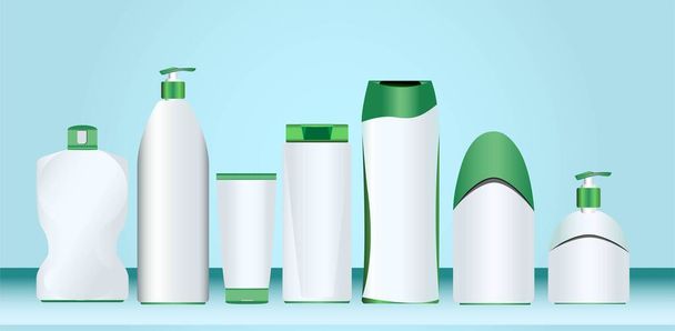 realisztikus fehér és zöld üres kozmetikai műanyag palackok színes háttér - Vektor, kép