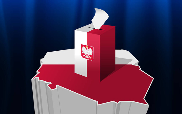 ポーランドでの選挙。投票箱にはポーランド国旗が掲げられている。ベクトル. - ベクター画像