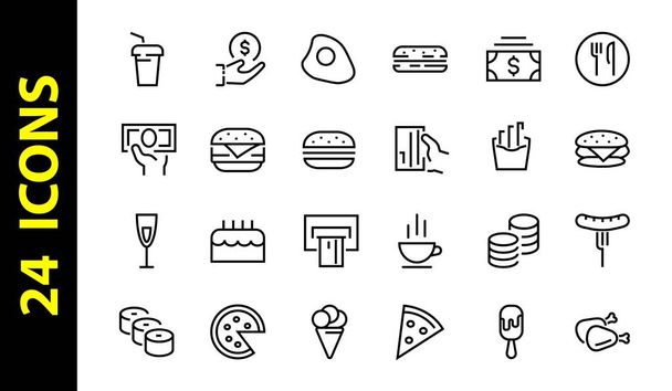Un simple conjunto de iconos de comida rápida relacionados con la línea vectorial. Contiene iconos como pizza, hamburguesa, sushi, bicicleta, huevos revueltos y más. ACV EDITABLE. 480x480 píxeles perfectos, EPS 10 - Vector, imagen