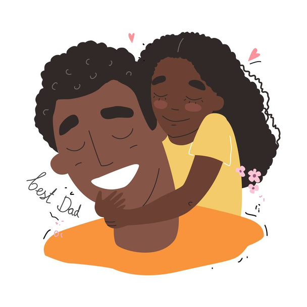 Día de los padres, familia feliz, hija afroamericana negra abraza a papá y sonríe
 - Vector, imagen