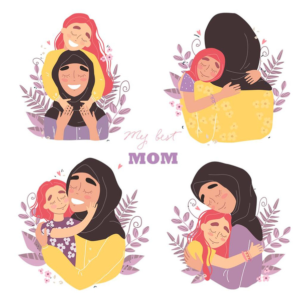 Arabic happy family. Mothers day greeting card, Mom and girl are smiling and hugging - Vektör, Görsel