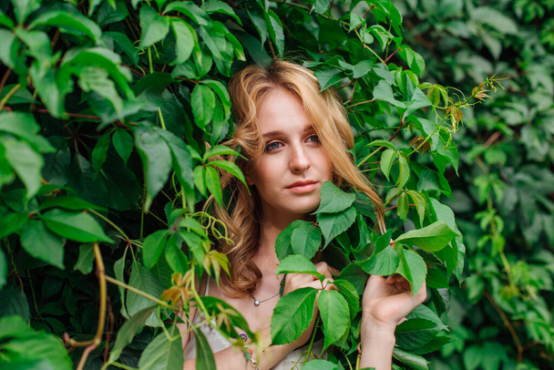 Portrait of a young beautiful woman with make up and curly blond hair, hiding in wild grape leaves. Copy space. - Fotó, kép