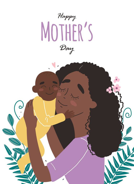 Mothers day greeting card, mother hugs baby - Вектор, зображення