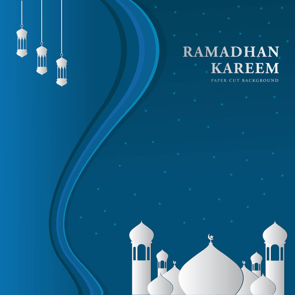 Ilustração de mesquita, lua, estrela e lanterna fazer um papel azul cortar fundo Ramadhan Kareem. perfeito para usar para banner, feed de mídia social, etc
 - Vetor, Imagem