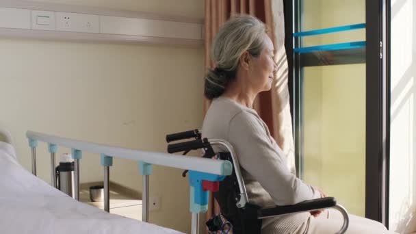 idős ázsiai nő ül tolószékben az ablaknál fordult kamera mosolygós - Felvétel, videó
