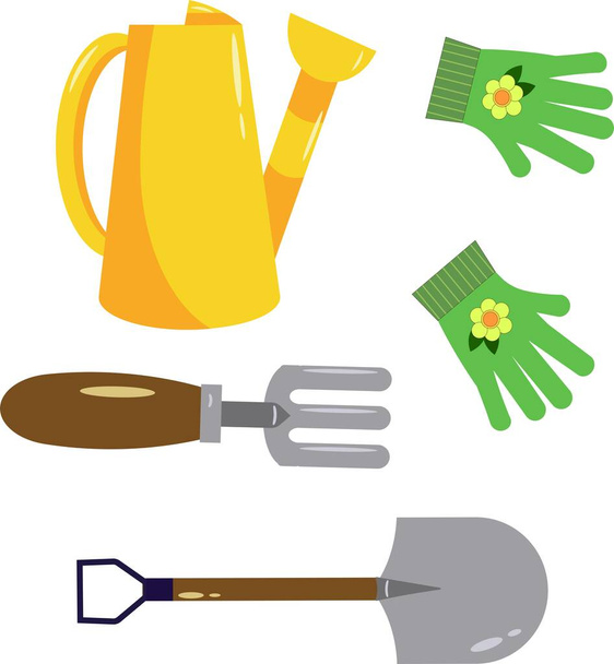 Set con herramientas de jardín - regadera, pala, rastrillo, guantes. Ilustración vectorial
. - Vector, Imagen