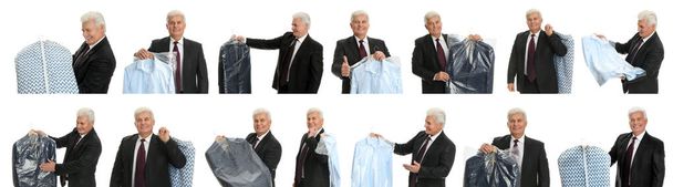 Κολάζ ώριμου άντρα που κρατάει κρεμάστρα με ρούχα σε λευκό φόντο. Υπηρεσία στεγνού καθαρισμού - Φωτογραφία, εικόνα