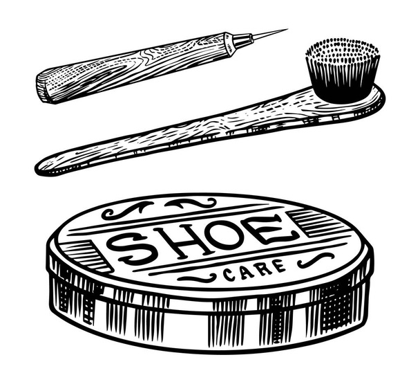 Zapato crema y cepillo para limpiar las suelas. Etiqueta vintage. Dibujo grabado a mano para camiseta, logotipo o insignias
. - Vector, Imagen