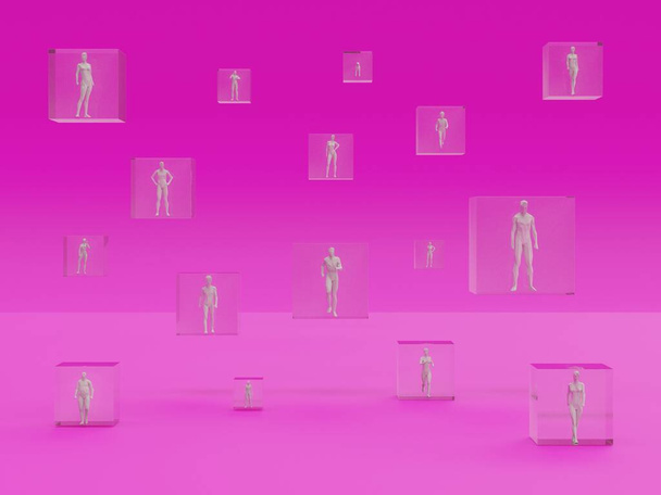 Menschen isoliert in transparenten Boxen als Sicherheitskonzept - 3D-Rendering-Konzept - Foto, Bild