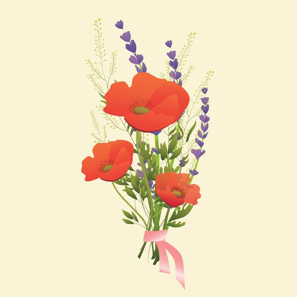 野の花の花束。赤いポピーとラベンダーはピンクのサテンリボンで結ばれています。フラットなスタイルで花ベクトルイラスト。結婚式の誕生日や休日のためのデザイナーの装飾要素. - ベクター画像