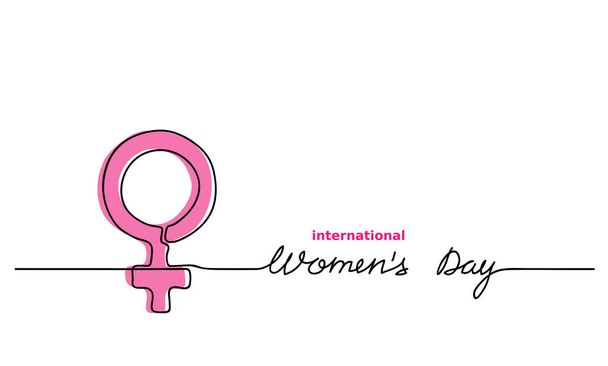 女性のピンクのシンボルやサイン。国際女性の日。単純なベクトル背景。テキスト付きの連続線画記号. - ベクター画像