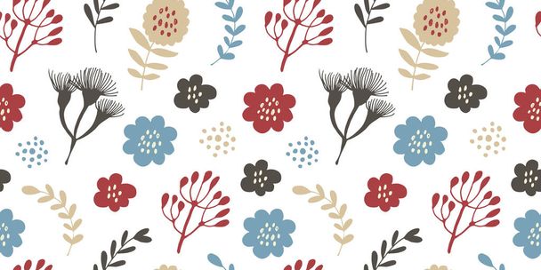Flowers and branches seamless pattern, hand drawn vector floral background with flowers, leafs, branches - Vektor, obrázek