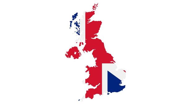 UK  map with flag texture on  white background, illustration,textured , Symbols of UK ,for advertising ,promote, TV commercial, ads, web design, magazine, news paper, report - Photo, Image