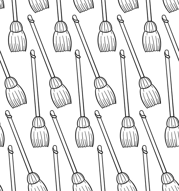 Outline style broom sticks for cleaning seamless pattern. Decoration for wrapper. White background, vector. - Vektör, Görsel