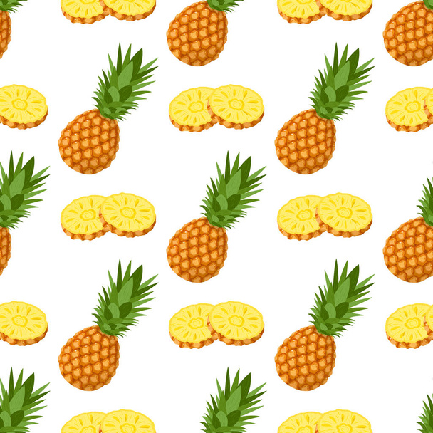Seamless pattern with fresh whole and cut slices pineapple fruit with leaves on white background. Summer fruits for healthy lifestyle. Organic fruit. Cartoon style. Vector illustration for any design. - Vector, afbeelding