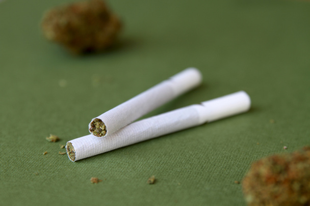 Rolled marihuana Cigarety na zeleném pozadí - Fotografie, Obrázek