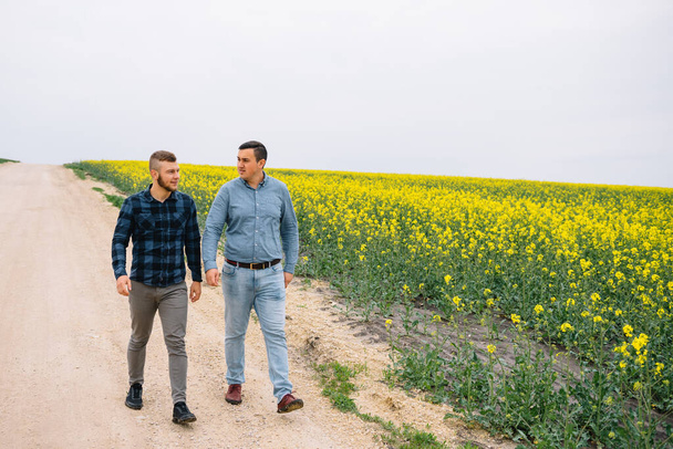 Two farmers in a field examining rape crop. Agribusiness concept. agricultural engineer standing in a rape field - Fotografie, Obrázek