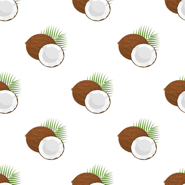 Naadloos patroon met cartoon gedetailleerde bruine exotische hele kokosnoot, half en groen blad. Zomervruchten voor een gezonde levensstijl. Biologisch fruit. Vector illustratie voor elk ontwerp. - Vector, afbeelding