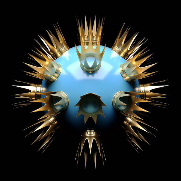 Kultakruunut ovat hajallaan sinisellä pyöreällä pallolla mustalla pohjalla. 3D-renderointi
 - Valokuva, kuva