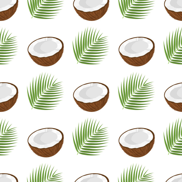 Seamless pattern with cartoon detailed brown exotic half coconut and green leaf. Summer fruits for healthy lifestyle. Organic fruit. Vector illustration for any design. - Vector, Image
