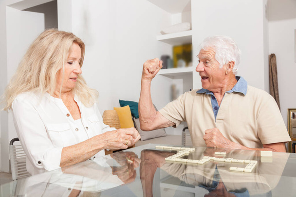 Šťastný starší pár hrát hru domino - Fotografie, Obrázek