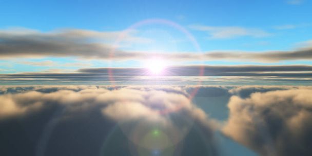 Belle vue aérienne au-dessus des nuages avec coucher de soleil. Illustration 3d - Photo, image