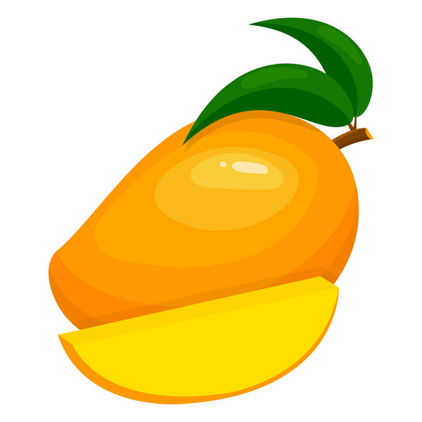 Beyaz arka planda taze, parlak, egzotik ve dilimlenmiş mango. Sağlıklı yaşam için yaz meyveleri. Organik meyve. Çizgi film tarzı. Herhangi bir tasarım için vektör illüstrasyonu. - Vektör, Görsel