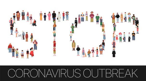 Stoppt den Ausbruch des Coronavirus COVID-19. Social-Media-Kampagne zur Verhinderung der Ausbreitung von SARS-CoV-2. Sozial vielfältige multikulturelle und multirassische Menschen auf isoliertem weißen Hintergrund - Vektor, Bild