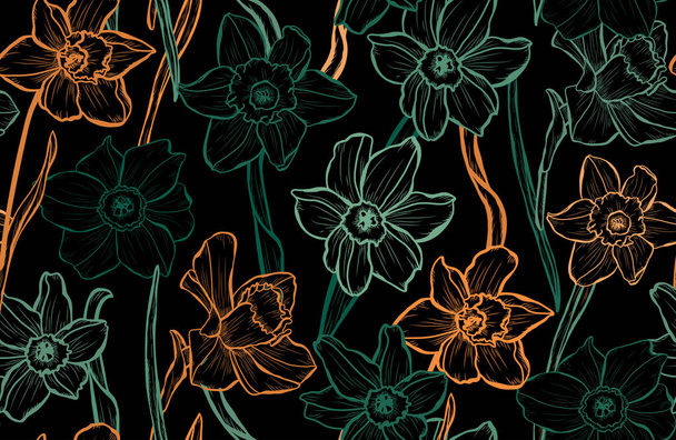 Elegant seamless pattern with daffodil flowers, design elements. Floral  pattern for invitations, cards, print, gift wrap, manufacturing, textile, fabric, wallpapers - ベクター画像