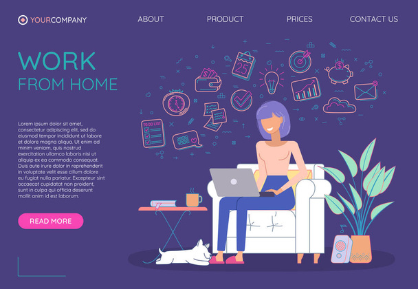 Freelancer working. Work from home. Freelance work. Website Landing page homepage template. Vibrant violet web page - Vector, Image